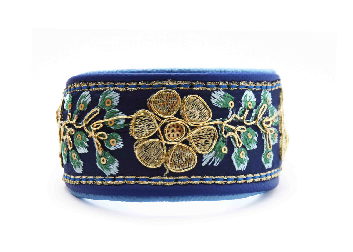 SARI Halsband・Windhund・Edles Lederhalsband mit indischer Borte in darkblue