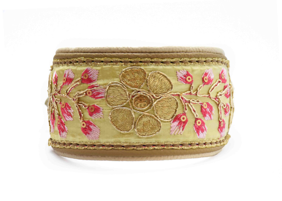 SARI Schmuckhalsband・Windhund・Edles Lederhalsband mit indischer Borte yellow