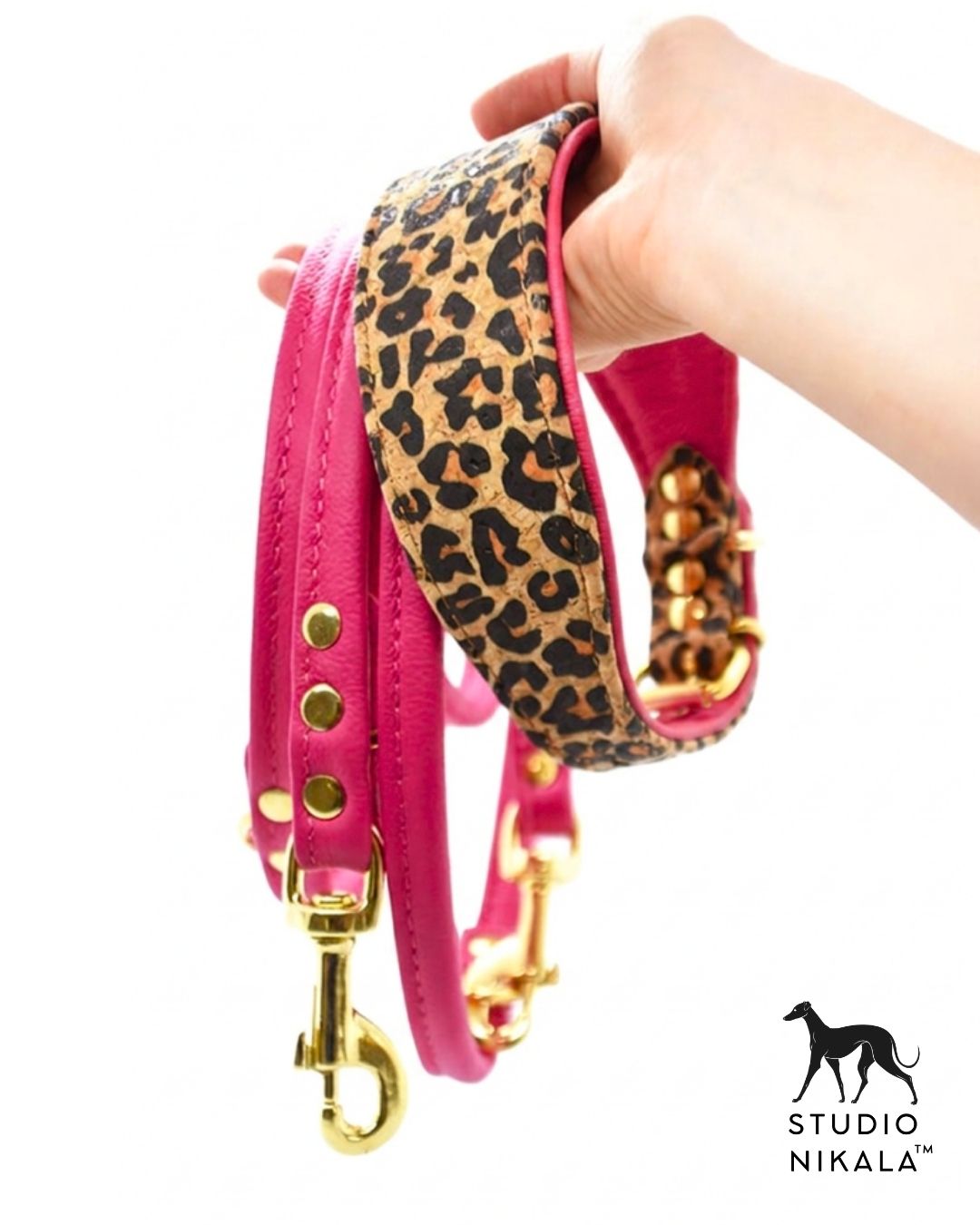 GOLDEN LEO Set mit Korkleder Windhundhalsband und pinker Lederleine