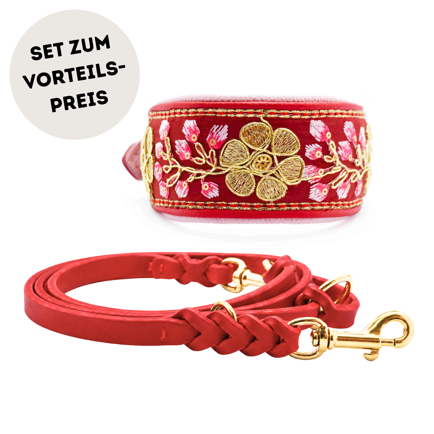 Set aus rotem Windhundhalsband und Fettlederleine mit edler Borte