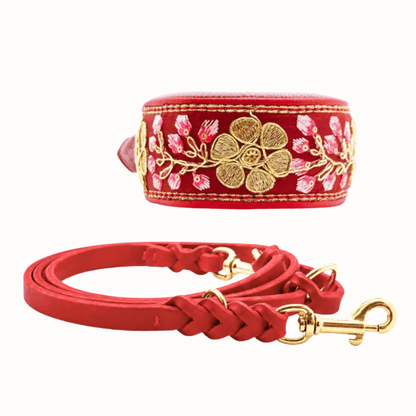 SARI Red Set – Edles Windhund-Halsband mit passender Lederleine