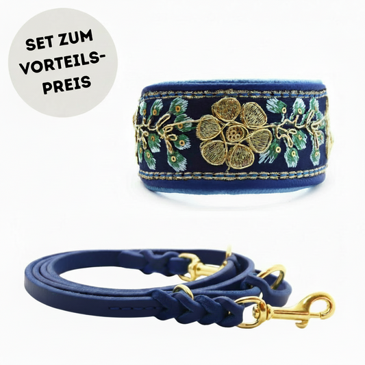 Edles Windundhalsband Set mit gepolstertem Sari Halsband und Fettlederleine