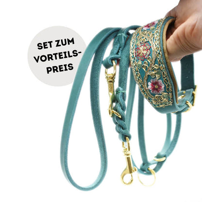 SARI FLORA Petrol Set mit Windhundhalsband und Fettlederleine