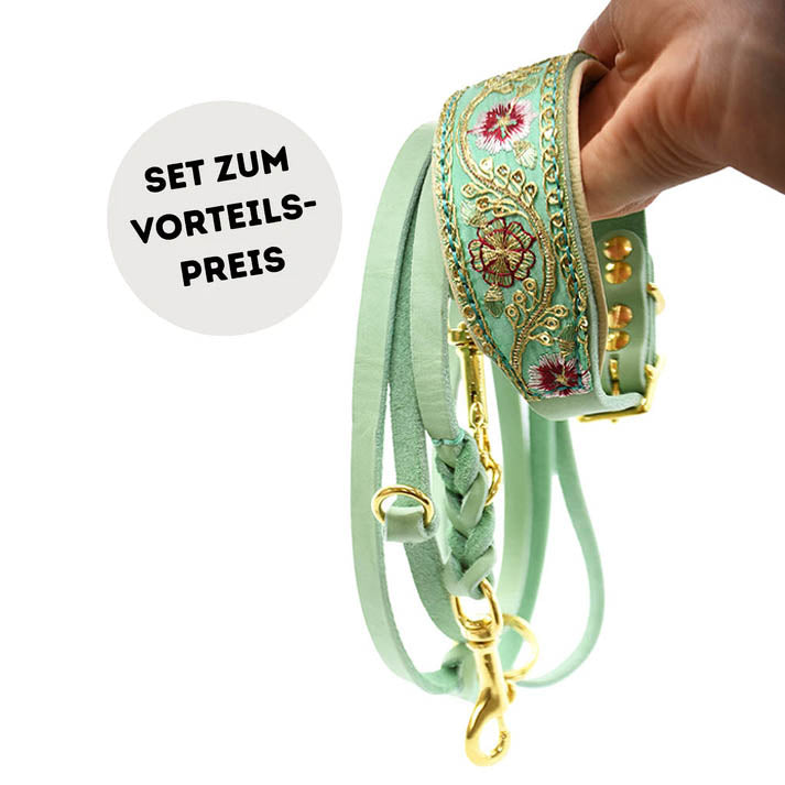 SARI FLORA Mint Set mit Windhundhalsband und Fettlederleine